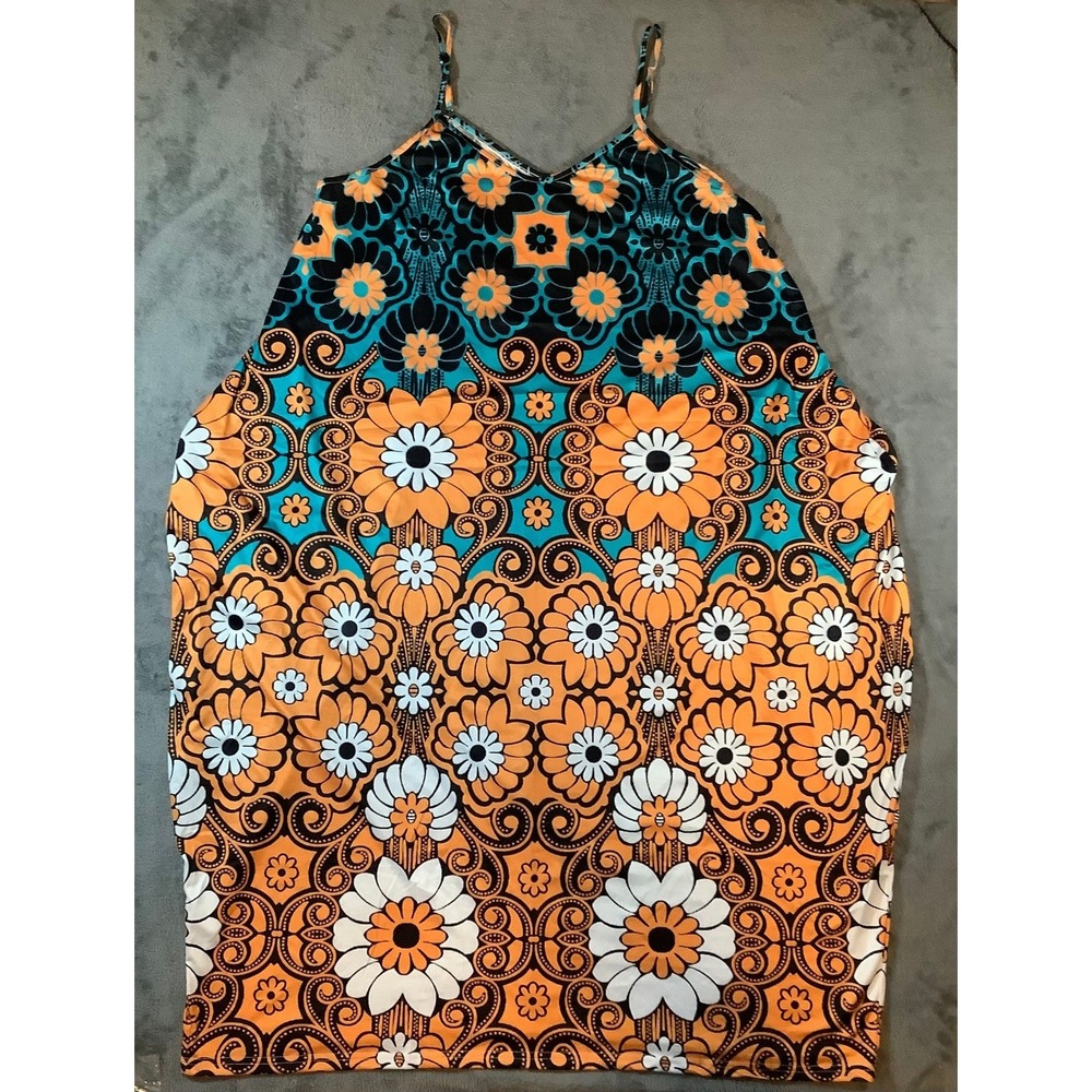 Vibrant Floral Maxi Dress Women's 4X Plus Size Orange Teal Retro Sun Dress